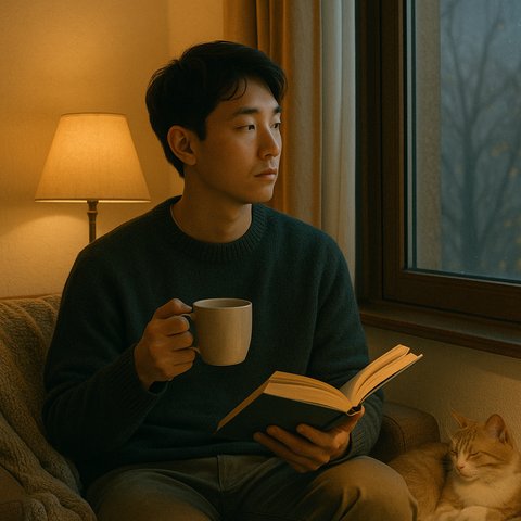 Молодой мужчина сидит у окна с книгой и чашкой чая, рядом спит кот