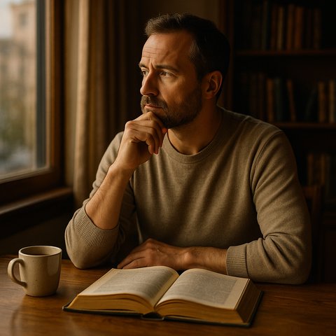 Задумчивый мужчина сидит за письменным столом с раскрытой книгой