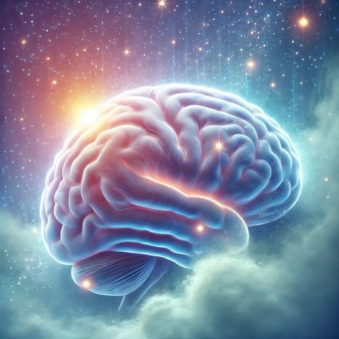 Мозг, освещённый мягким светом во сне, на фоне звёздного неба
