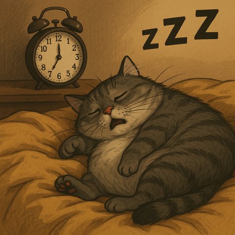 Серый кот сладко спит на кровати рядом с будильником, утро ещё не наступило