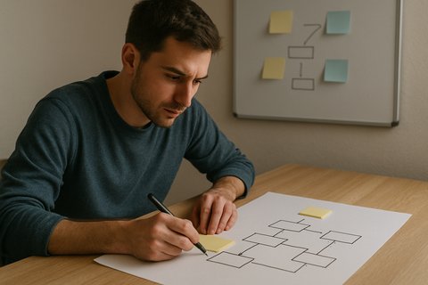 Мужчина в обычной одежде рисует рабочую схему и раскладывает стикеры, показывая навыки организации процессов