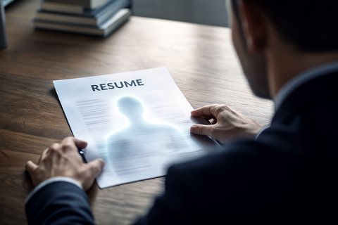 Работодатель внимательно рассматривает резюме, в котором мягко проявляется силуэт кандидата как символ внутреннего образа