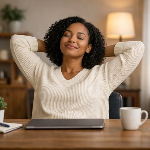 Женщина сидит за столом с закрытым ноутбуком и спокойно отдыхает после завершённой работы