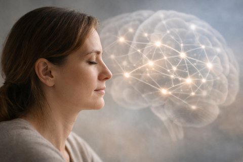 Женщина в профиль на фоне нейронных связей мозга в процессе обучения