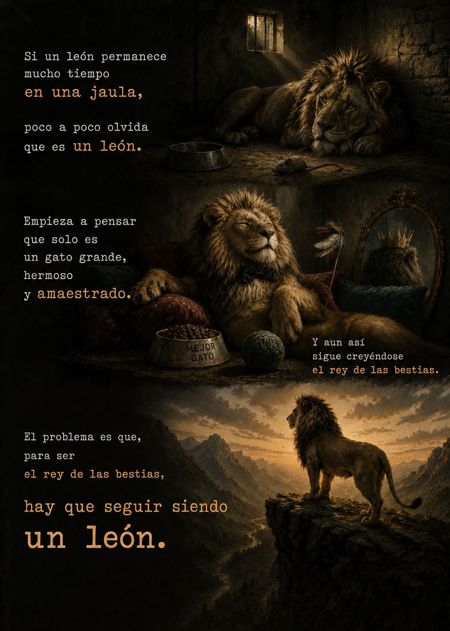 Collage: un león en una jaula oscura, después junto a un cuenco y un ovillo como un gato doméstico y finalmente libre sobre una cima rocosa