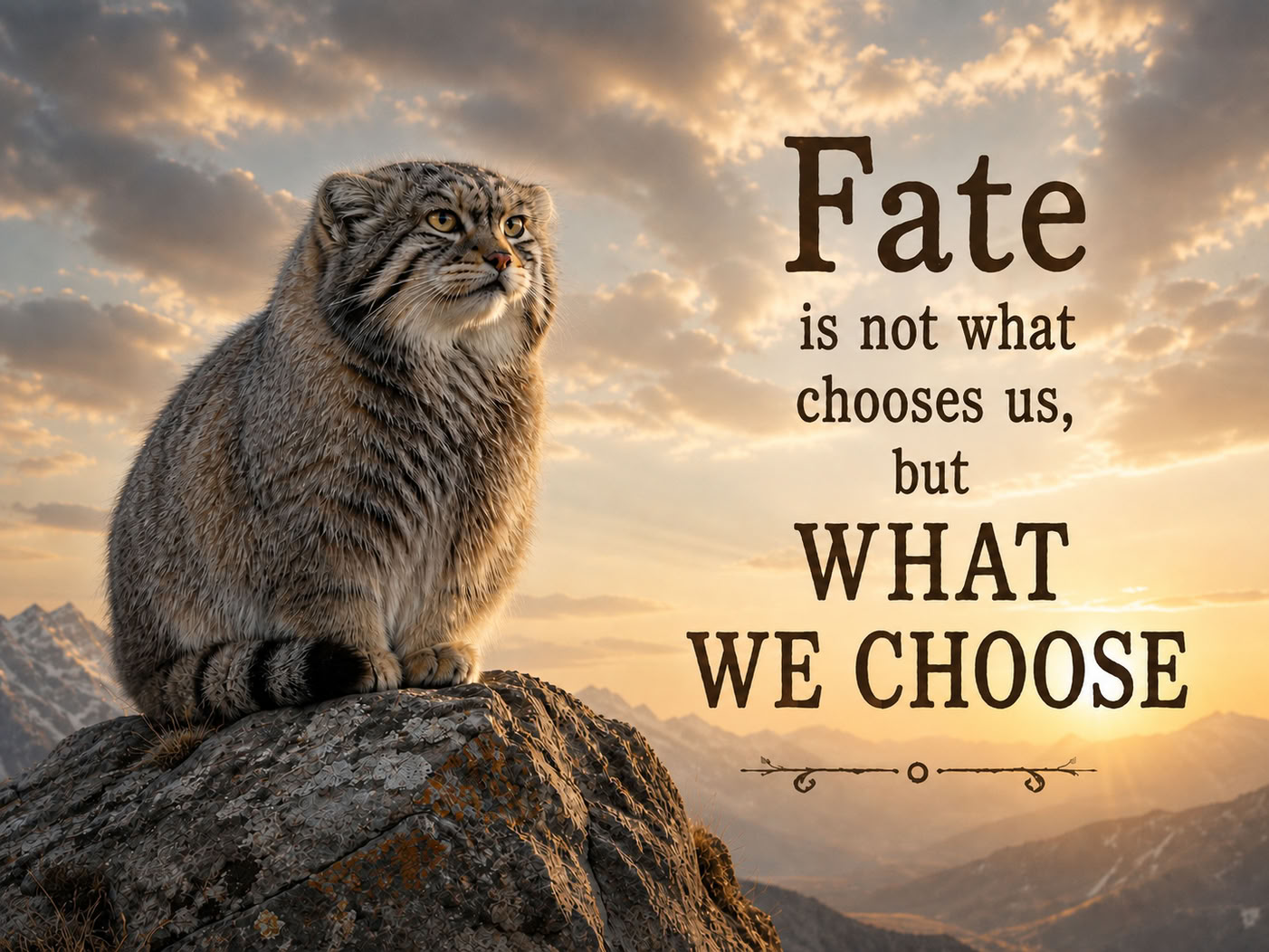 Pallas’s cat sitting on a rock against mountains and sunset beside a quote about destiny and choice