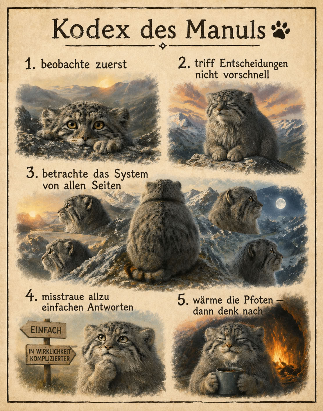 Vintage-Illustration „Kodex des Manuls“ mit fünf Regeln zu Beobachtung, Entscheidungen und systemischem Denken