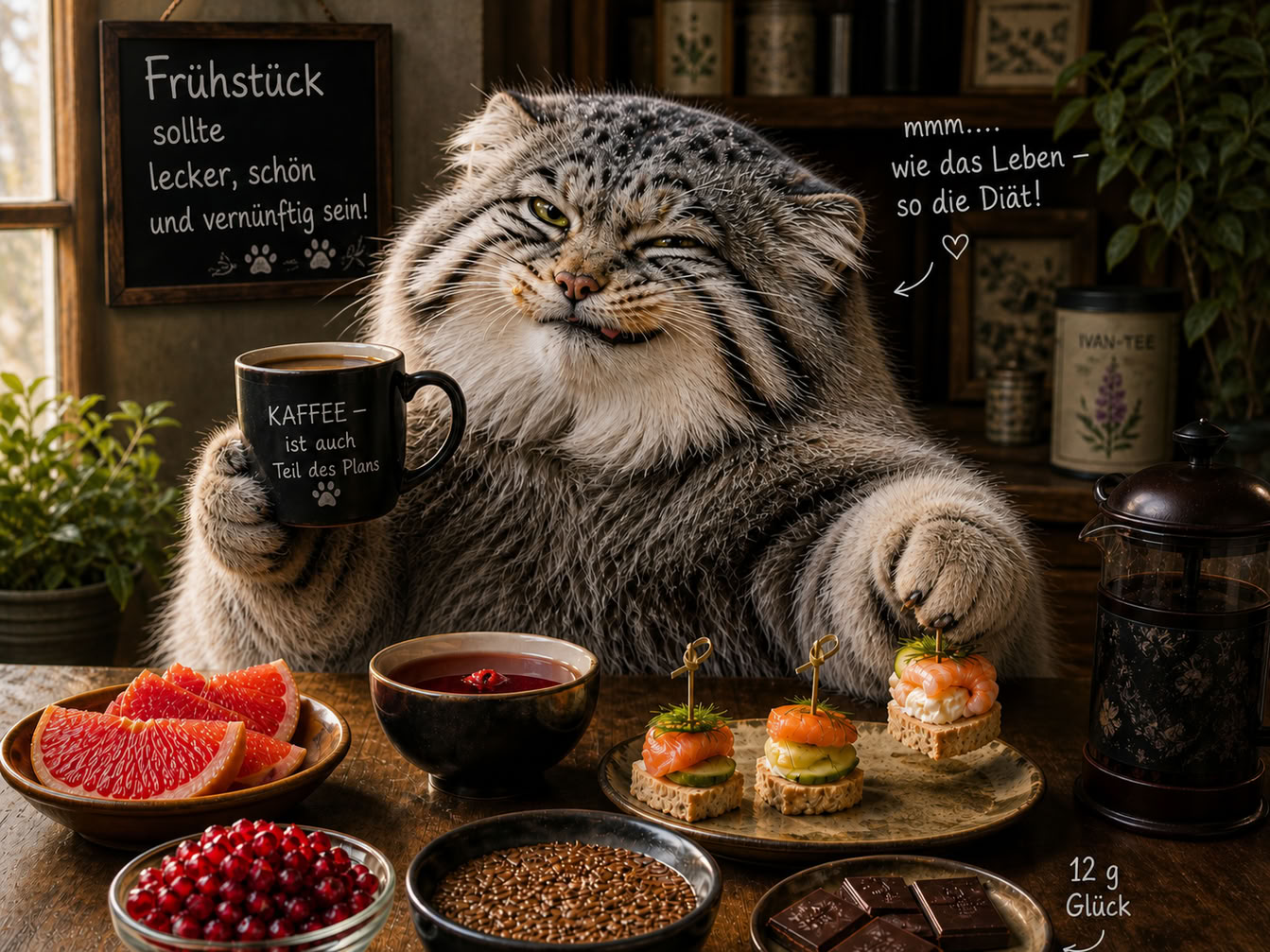 Manul sitzt an einem Frühstückstisch mit Kaffee, Obst, Fisch, Schokolade und weiteren Speisen