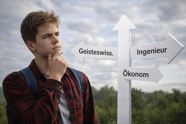 Ein Jugendlicher wählt an einem Wegweiser zwischen verschiedenen beruflichen Richtungen