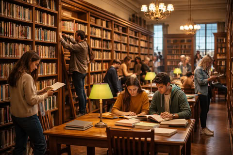 Библиотека с книжными стеллажами и людьми, которые читают и ищут книги